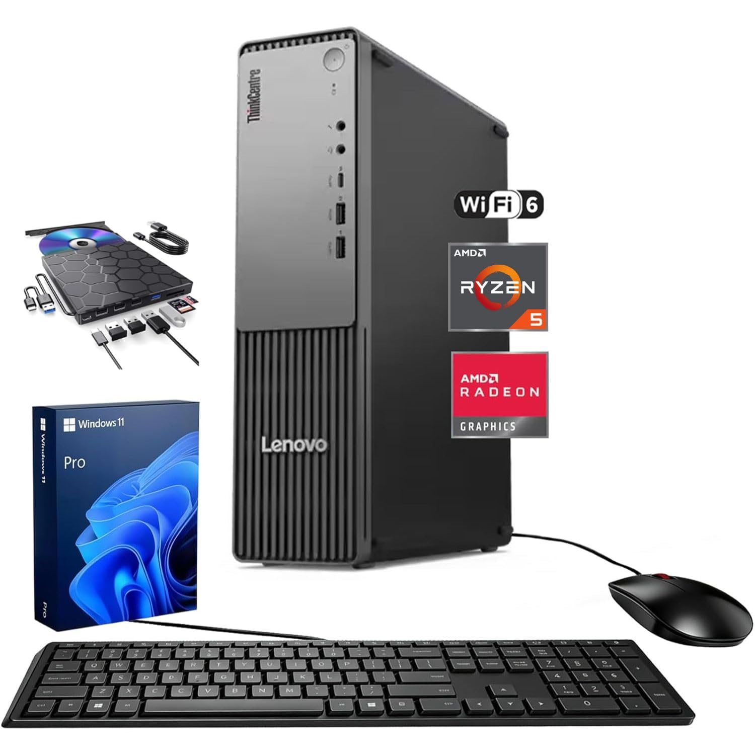 Lenovo ThinkCentre Neo 55s Business SFF Desktop, AMD Ryzen 5 220 up to 4.9 GHz, 16GB DDR5, 512GB SSD, Support 2-Monitor 4K, HDMI, DP, Wired KB & Mouse, Wi-Fi 6, Windows 11 Pro, External DVD Bundle
