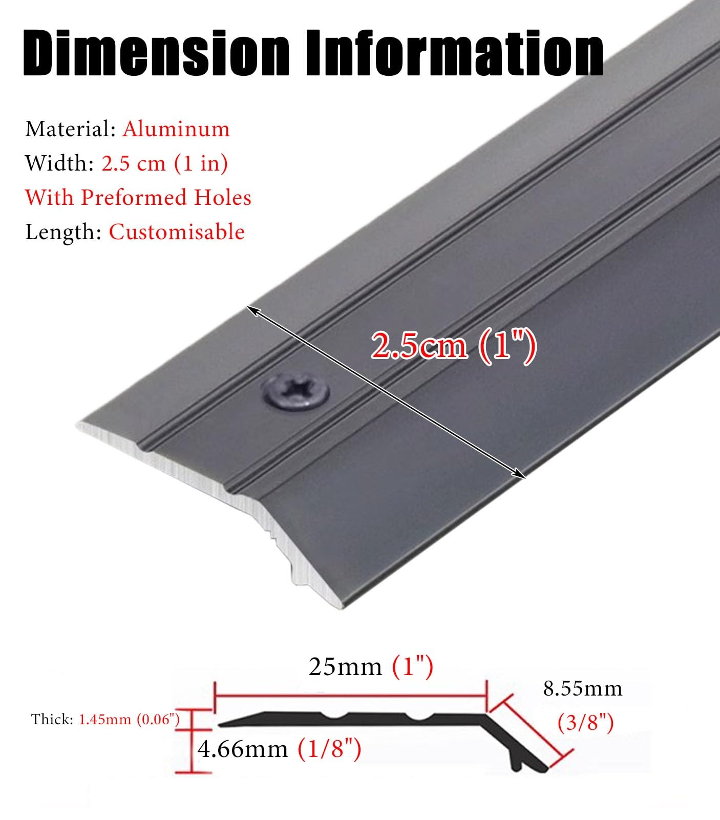 Listón de umbral de aluminio de 1 pulgada de ancho for piso - Borde de transición duradero for alfombras y pisos con orificios preformados(Gray,120cm)