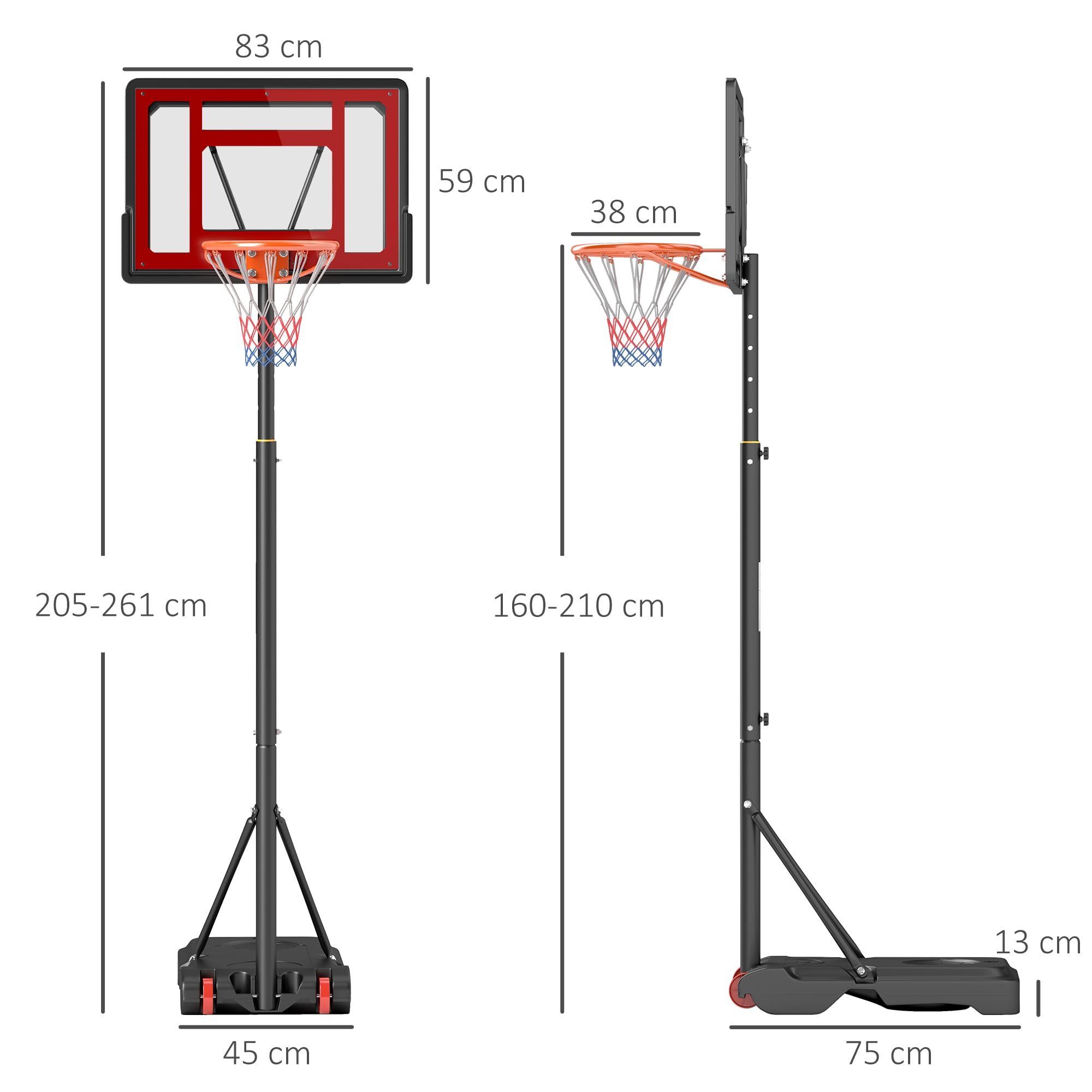 HOMCOM Panier de Basket extérieur Hauteur réglable 160–210 cm Panier de Basket sur Pied à roulettes avec Base Stable remplissable d'eau ou de Sable pour Juniors et Adultes, Noir