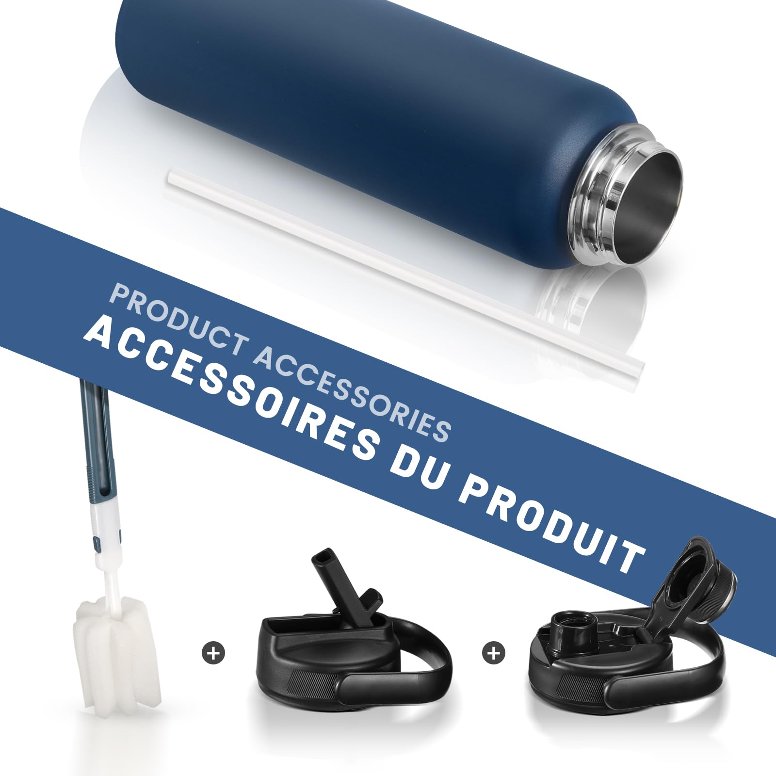 Fjbottle Borraccia Termica con cannuccia - 2xTappi - 950ML/1200ML Bottiglia Termica - Senza BPA/Senza Perdite Borracce acciaio inox per Scuola, Sport, Palestra, Ciclismo