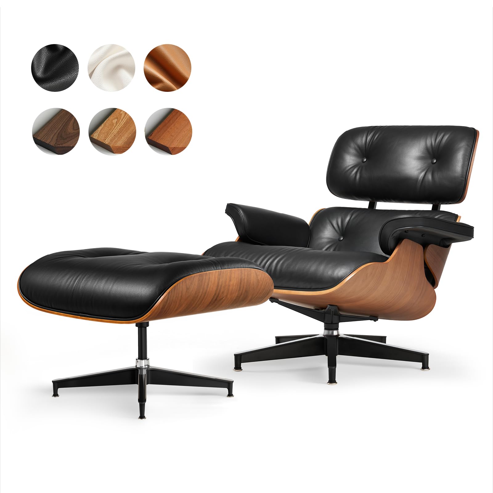 Top Black Grain Leather, Mid Century Chaise Lounge Chair and Ottoman, Modern Chair Classic Design, Heavy Duty Base Support for Living Room Study Lounge Office, Walnut