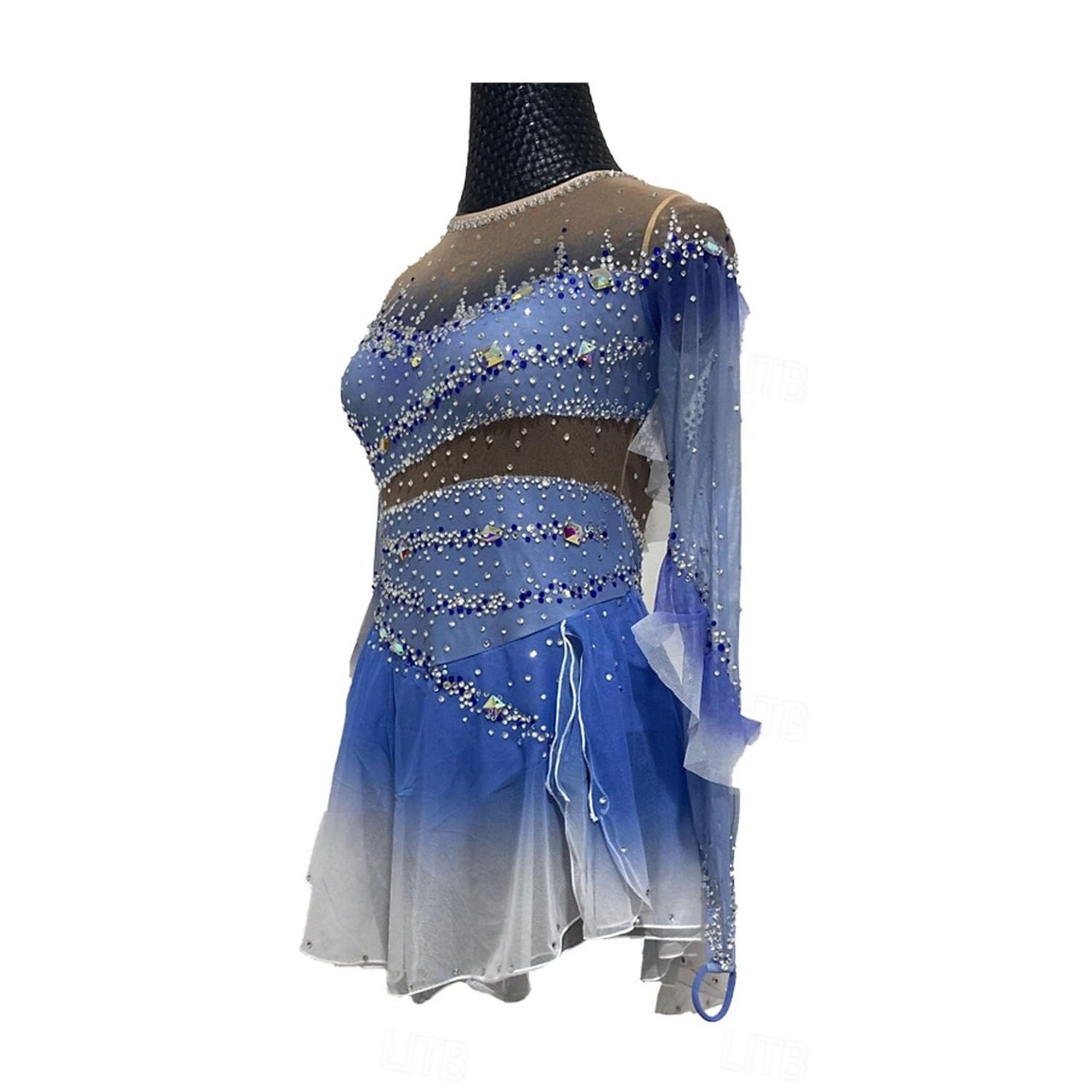 purpleq Professionelles Eiskunstlauf Wettkampf Kleid Gradient Langärmliges Eislauf Performance Kostüm für Mädchen Gymnastik Trikots Activewear Kristall/Strass Rollschuhkleid