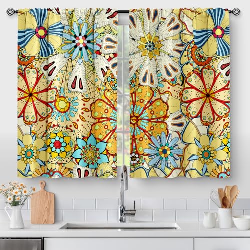 Aimego Boho Floral Kitchen Curtains - Bohemian Colorful Flowers Print