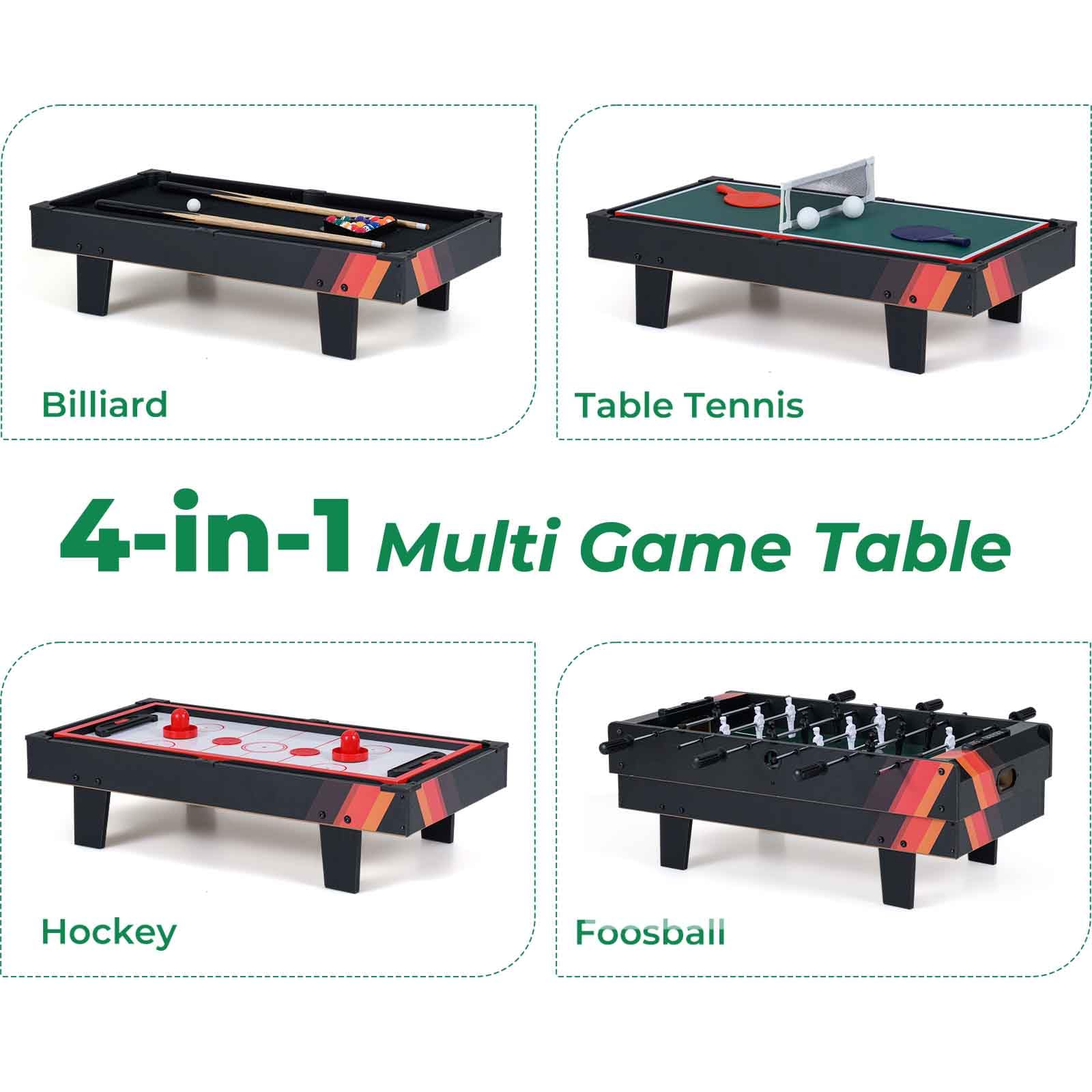 HOMASIS Tavolo da Gioco 4 in 1 in Legno per Bambini e Adulti, Tavolo da Biliardino con Piani Sovrapponibili per Biliardo, Hockey su Aria, Biliardino, Ping Pong per Casa, Sala Giochi