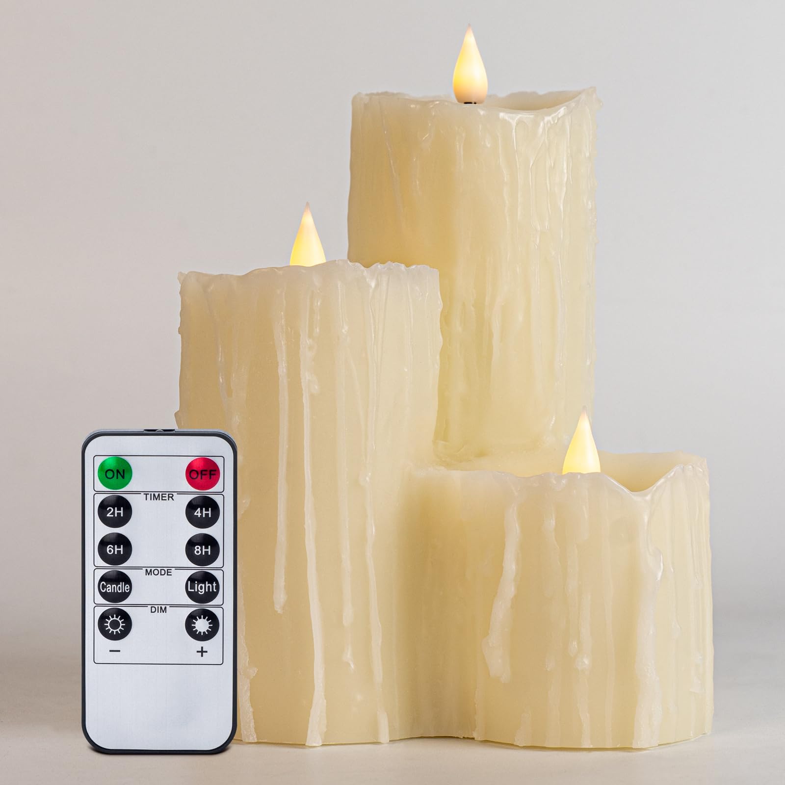 YongmaoFlameless Candles Battery Operated Candles, Ivory Flickering Pillar Real Wax LED Candles with Remote, Wax Drip, 3Pcs Combined in One Candle for Christmas Home Party Décor