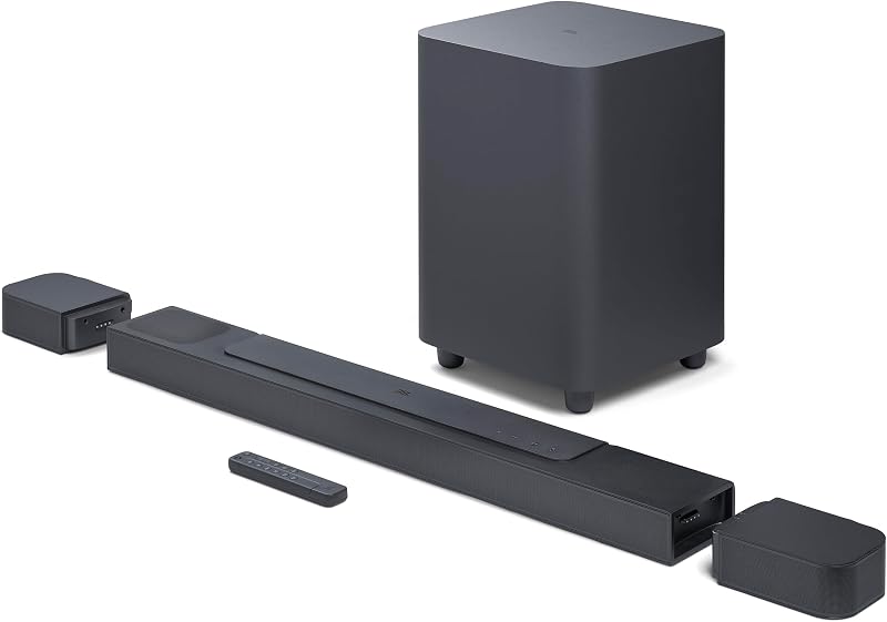Barra de sonido JBL Bar de 800 5.1.2 canales con parlantes envolventes desmontables y Dolby Atmos®, subwoofer inalámbrico de 10”, Wi-Fi incorporado con AirPlay, música multisala Alexa y Chromecast (negro)