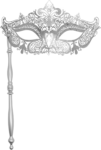 Miniatura 17 de Thmyo Máscara veneciana de fiesta de Mardi Gras de Halloween con palo de sujeción, máscara de mano con plumas de metal y diamantes de imitación