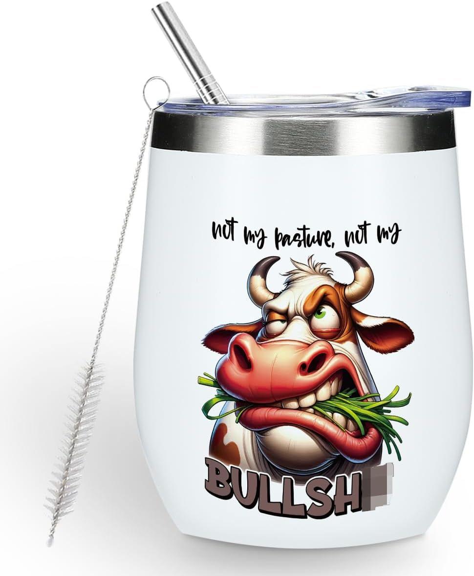 Funny Quotes Wine Tumbler, Cow Print Sarcastic Cow Gifts Double Wall Vacuum Insulated Coffee Mug Wine Glass 12 oz Tumbler with Lid for Women Men Girls Boys Mom Coworker Birthday Friendship Christmas
