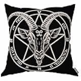 AOYEGO Baphomet Satanic Goat Head Throw Pillow Cover Horned Goat Head Pentagram Curlicues Animal Circle Demon Devil Pillow Case 18x18 Inch Decorative Men Women Room Cushion Cover for Home