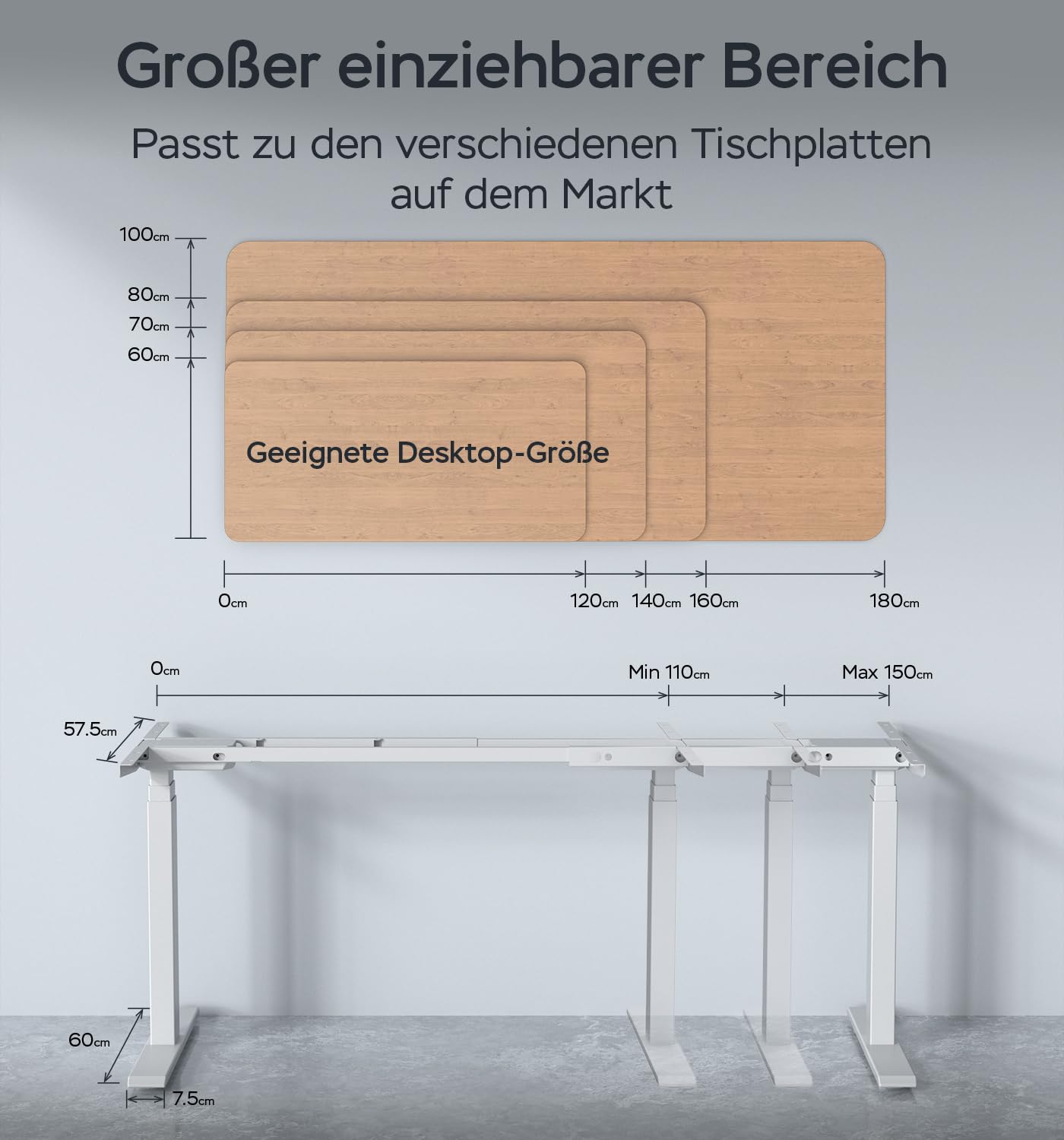 Höhenverstellbarer Schreibtisch Gestell 3-Segment-Beine mit 2 starken Motoren, Tischgestell höhenverstellbar mit 4 Memory-Steuerung, 6W6BPRO (Weiß)