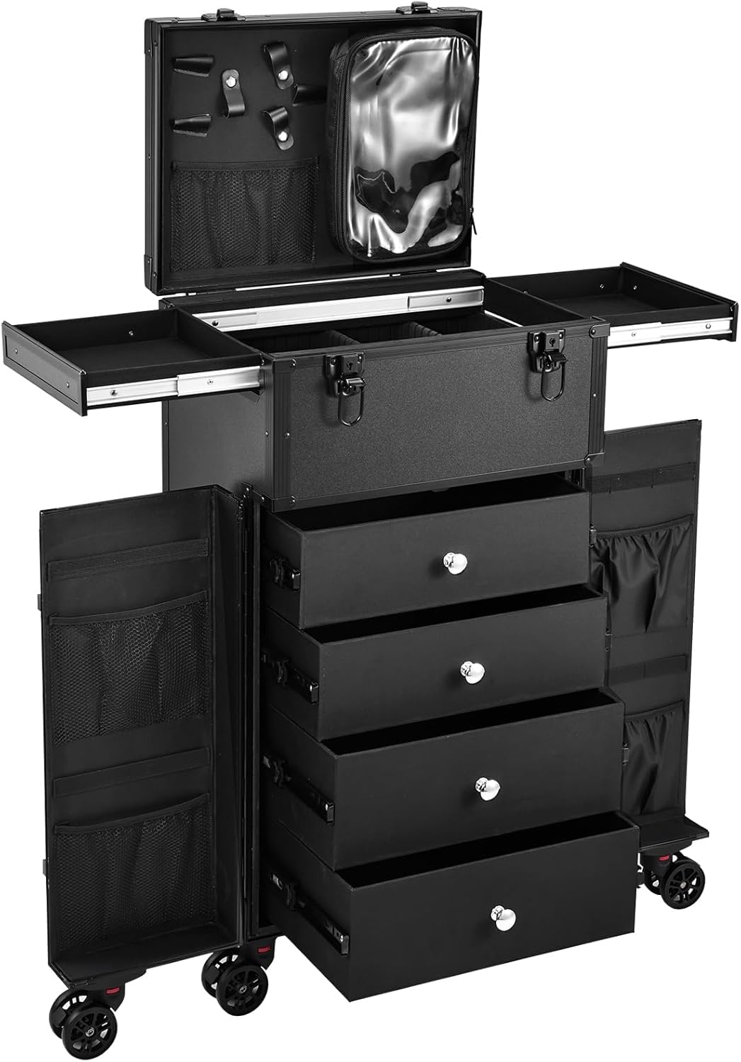 Mallette de maquillage professionnelle, avec 4 tiroirs et poignée de transport, charge maximale : 30 kg et 6 roulettes, pour salon, voyage et maison, 40 x 30 x 80 cm