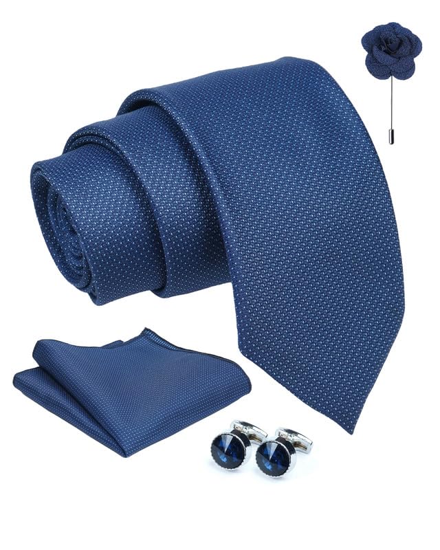 axlon Navy Blue Micro Dotted Tie For Men – Formal Ties Set With Pocket Square, Cufflink & Flower Pin With Gift Box For Mens, Silk Fabric Neckties Gift Sets For Men’s (AXRD_80)-picture-36