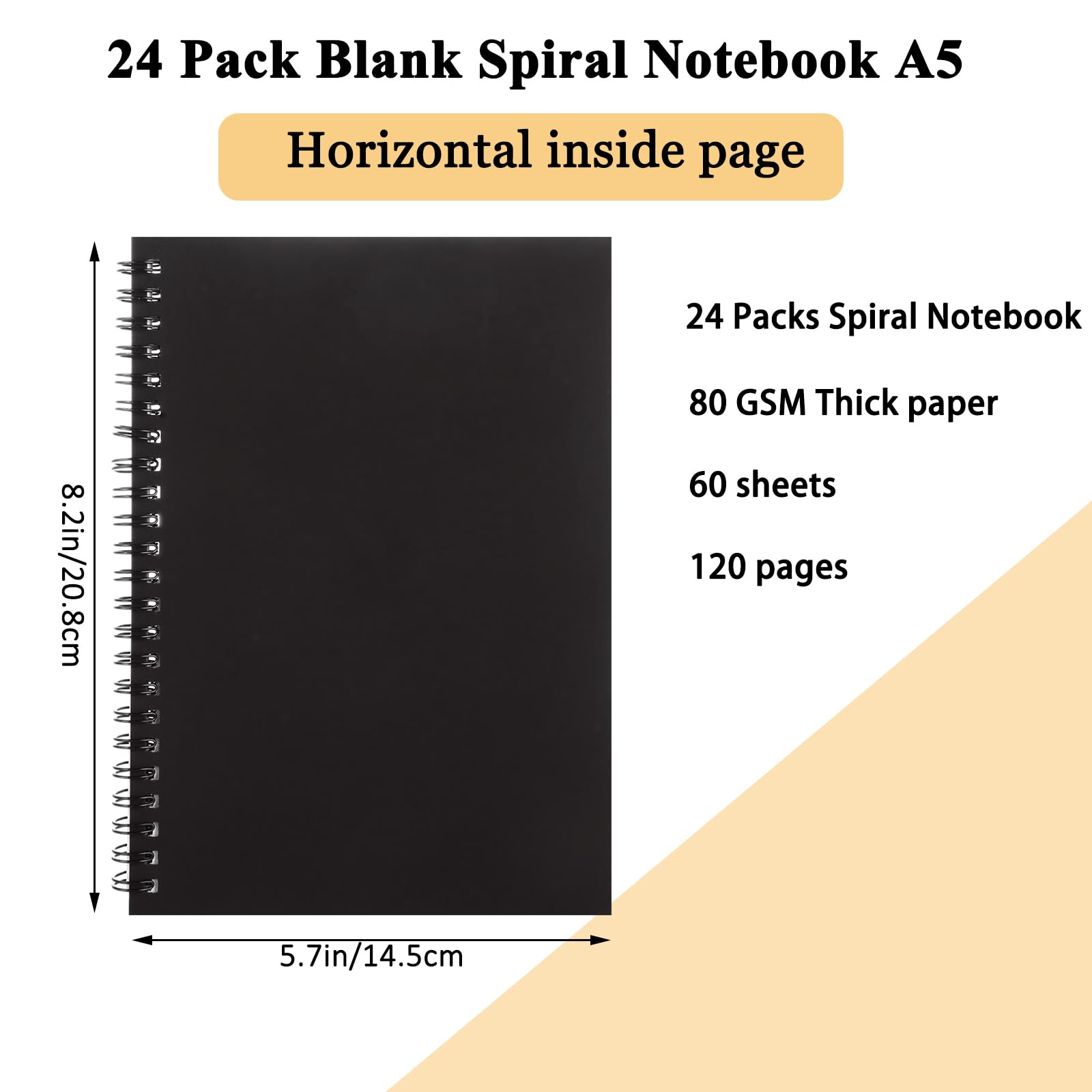 MIVIDE Paquete de 24 cuadernos de espiral A5 negro, 8.2 x 5.7 pulgadas, 60 páginas, tapa dura, cuaderno de papel de escritura a granel para escuela, negocios, suministros de oficina