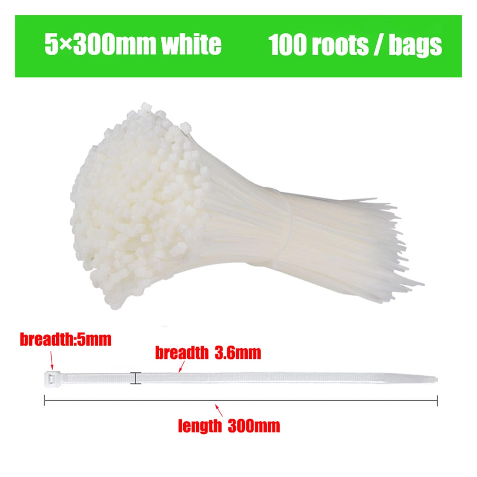 Bridas de plástico para Cables Largos, Brida de Nylon Plástico Autoblocante 100 PCS(5x300mm)