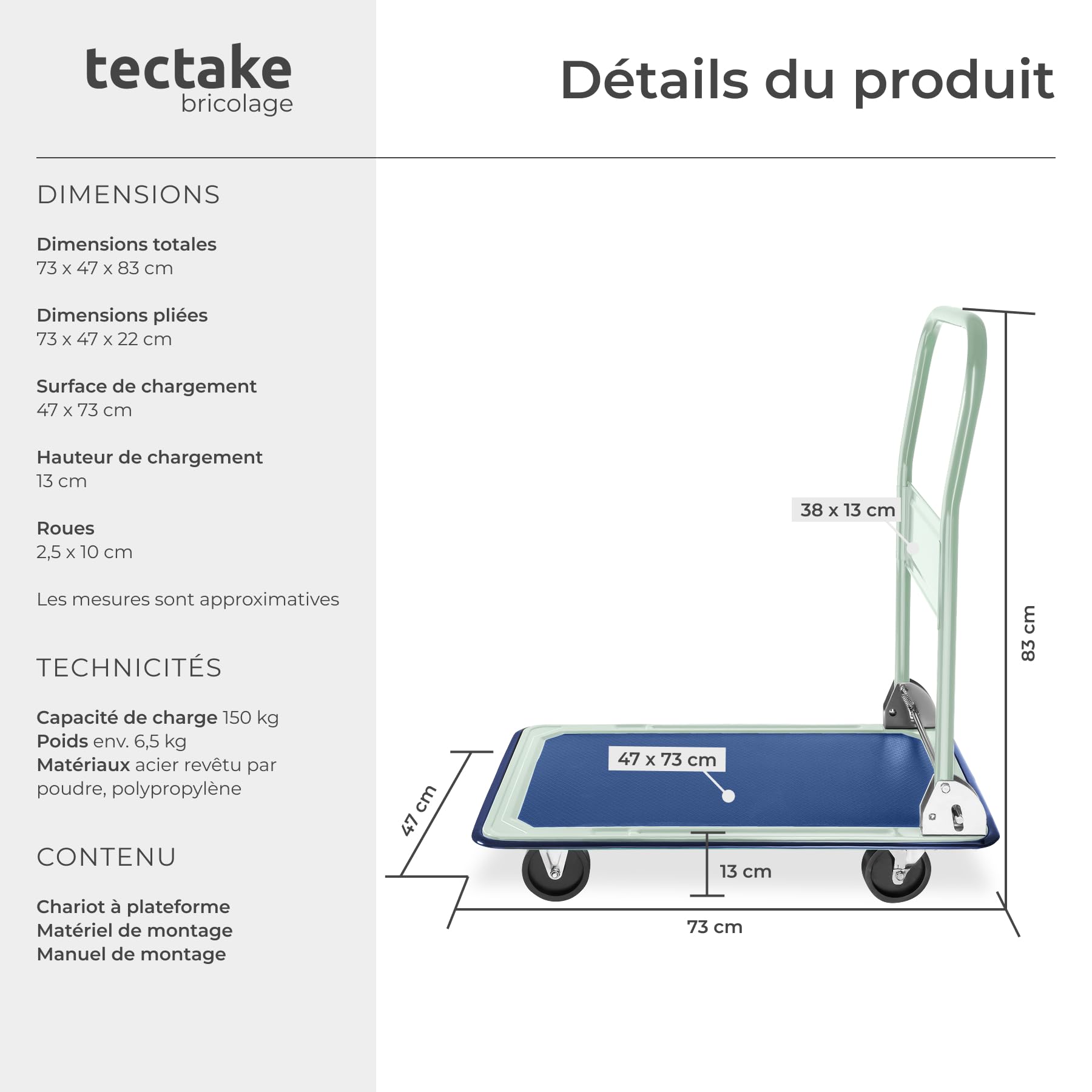 tectake® Chariot de transport plateforme à roulettes, Charge max. 150 kg, Chariot pliable Atelier Garage Magasin Demenagement, 2 Roues pivotantes et 2 fixes, Poignée Pliable par commande au pied, Vert
