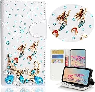 STENES Bling Wallet Phone Case Compatible with OnePlus Nord N200 5G Case - Stylish - 3D Handmade Butterfly Mermaid Design Magnetic Wallet Stand Leather Cover Case - Light Blue