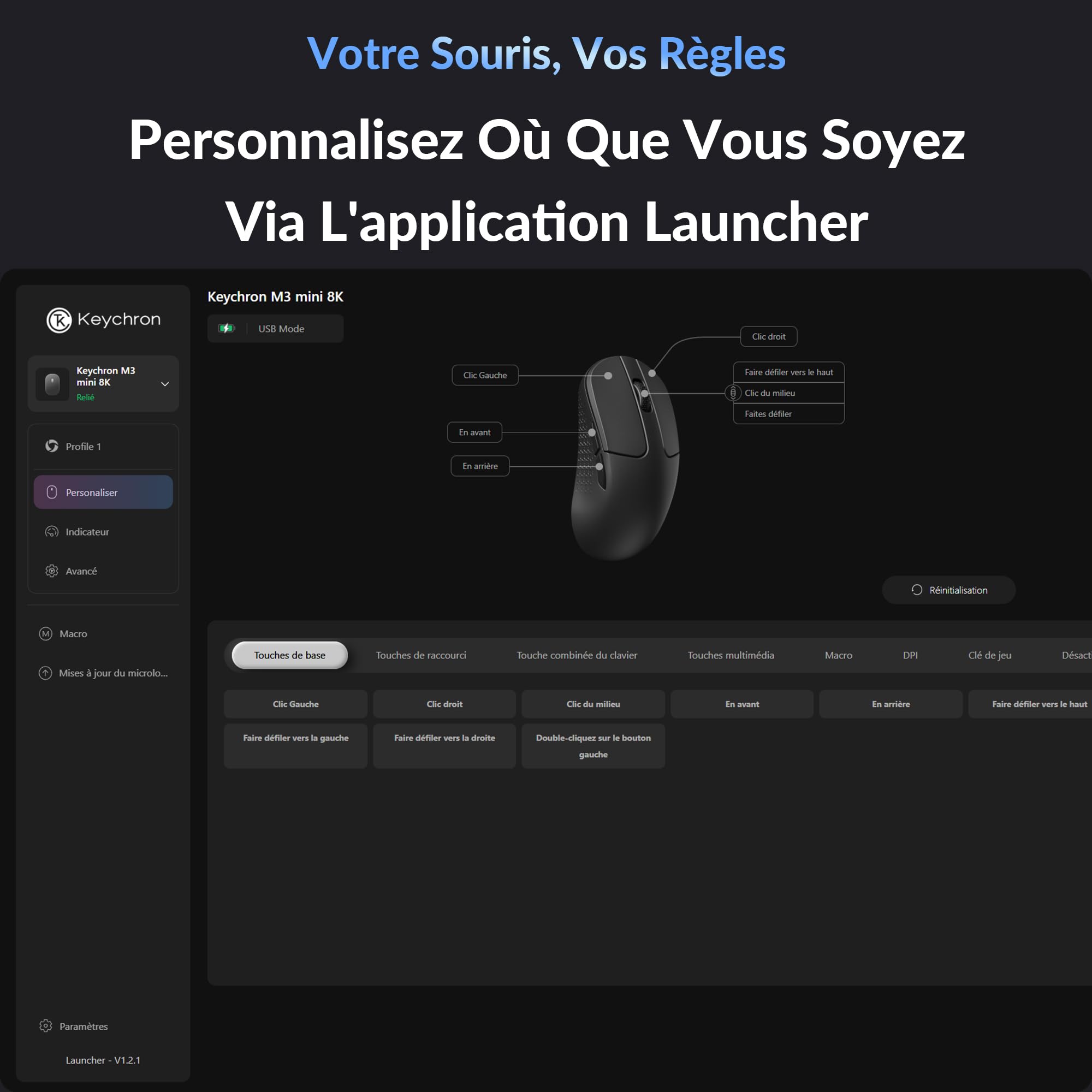 Keychron M3 Mini 8K Souris Gaming, 2,4 GHz/Bluetooth 5,3/Filaire, 55g Ultra-légère, 8000 Hz, Capteur PixArt 3950, Programmable avec Launcher, 30 000 DPI/750 IPS, pour Windows, Mac et Linux - Noir