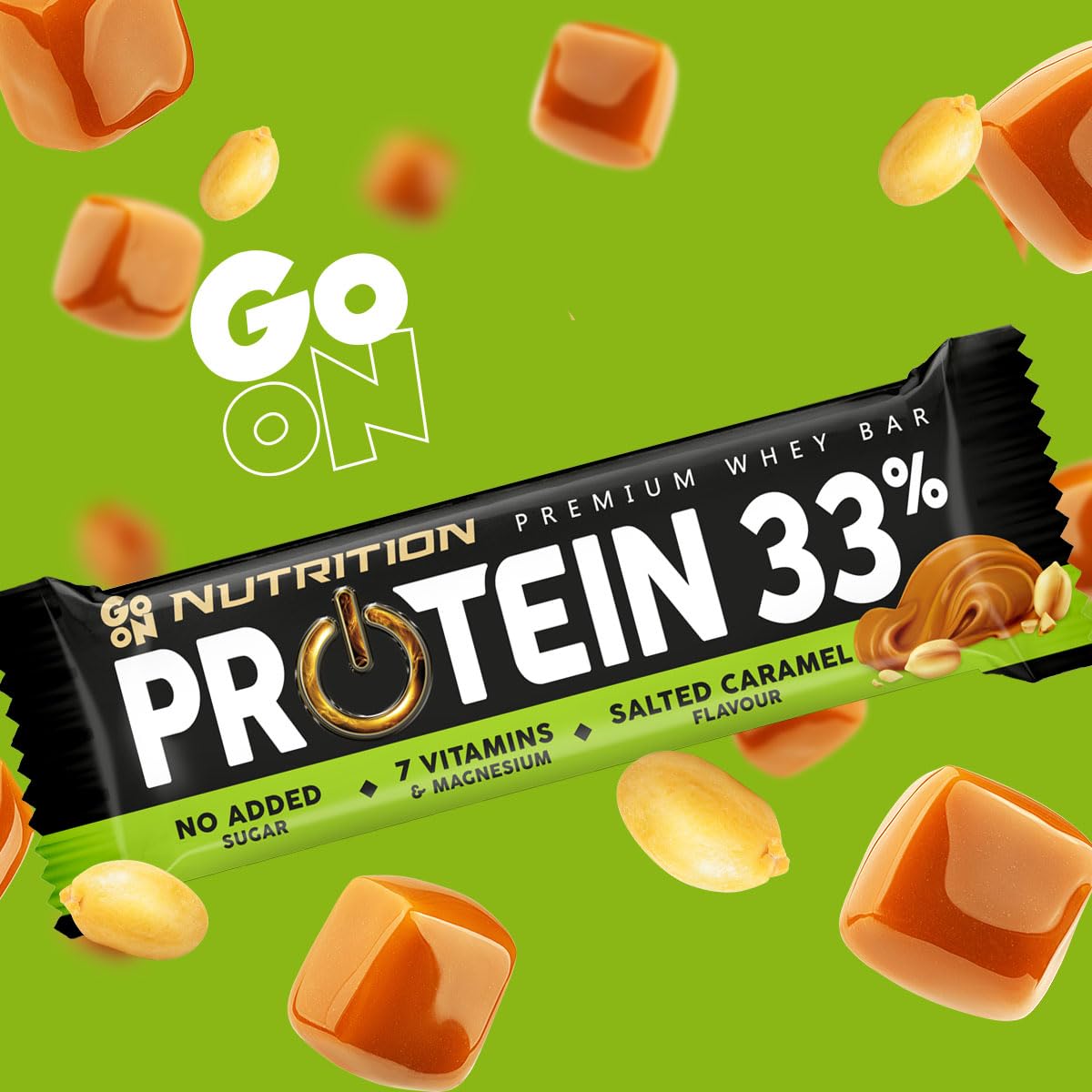 GoOn NUTRITION - Batony proteinowe bez cukru, Baton proteinowy 33%, Batony fitness z izolatami białka mlecznego, Karmel solony 3 sztuki x 50g