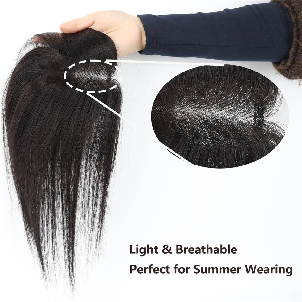 Topper per capelli umani con frangia 8 x 11 cm, base in pizzo svizzero, parrucca morbida, leggera e traspirante con 3 clip, linea di capelli naturali per le donne (nero naturale)