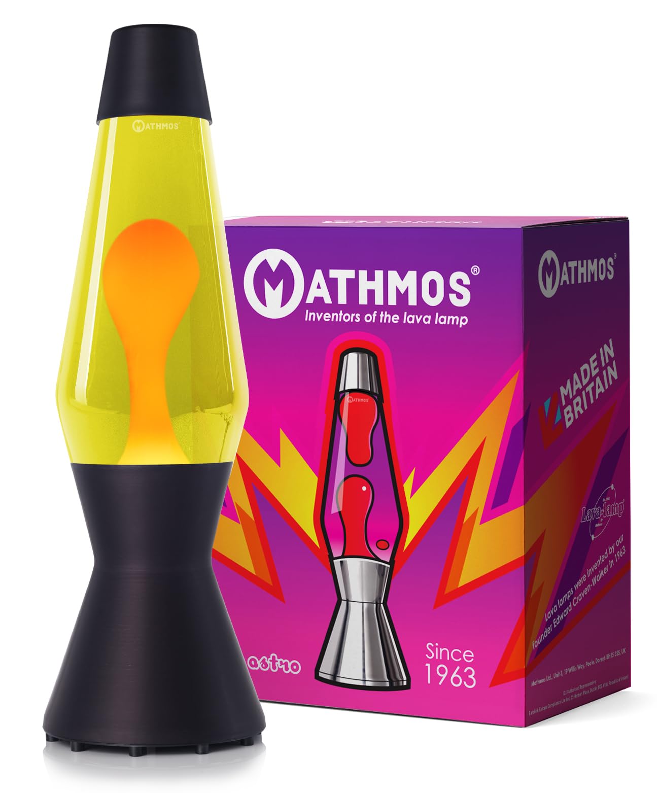 MATHMOS Astro Lava Lamp in Matt Black | UK Inventors of The 1963 Design Classic | Yellow & Orange Lava Lamps Handmade in Britain to The Highest Safety Standards