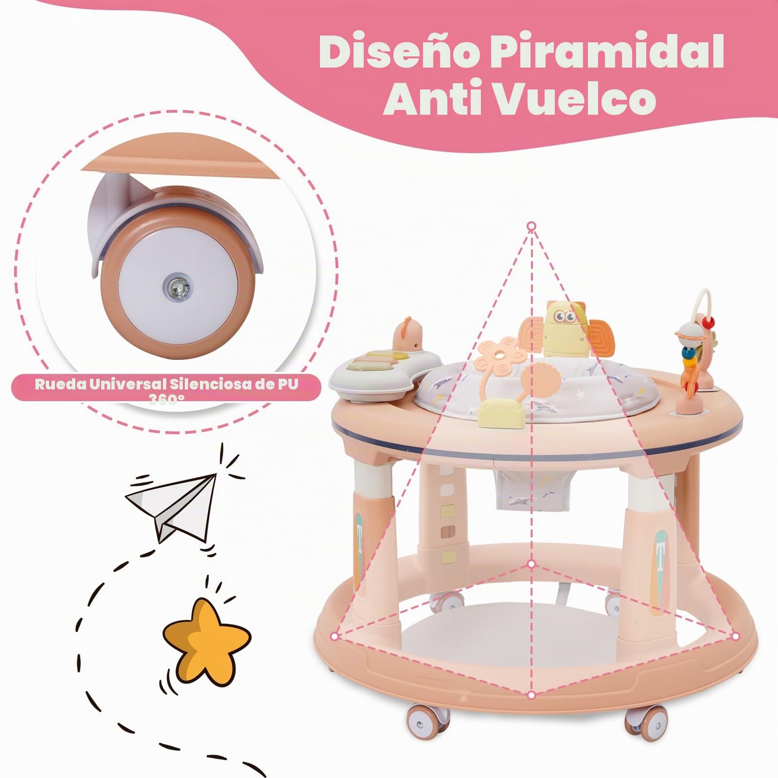 Andador 3 en 1 para Bebés (6+ Meses),Altura Ajustable, Asiento Giratorio 360°,Ruedas Silenciosas,3 Modos de Uso,Disco Musical + Cojín Transpirable,Diseño Seguro y Estable