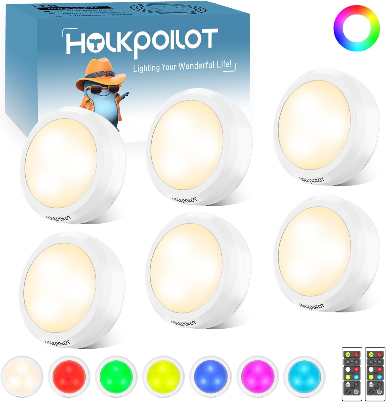 HOLKPOILOT Puck Lights with Remote, RGB LED Puck Lights Battery