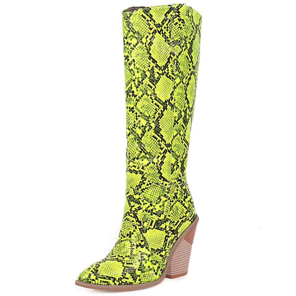 MeiLuSiSnake Print Western Knee High Boots Chunky Stacked Heel Pointy Toe Cowboy Cowgirl Boots