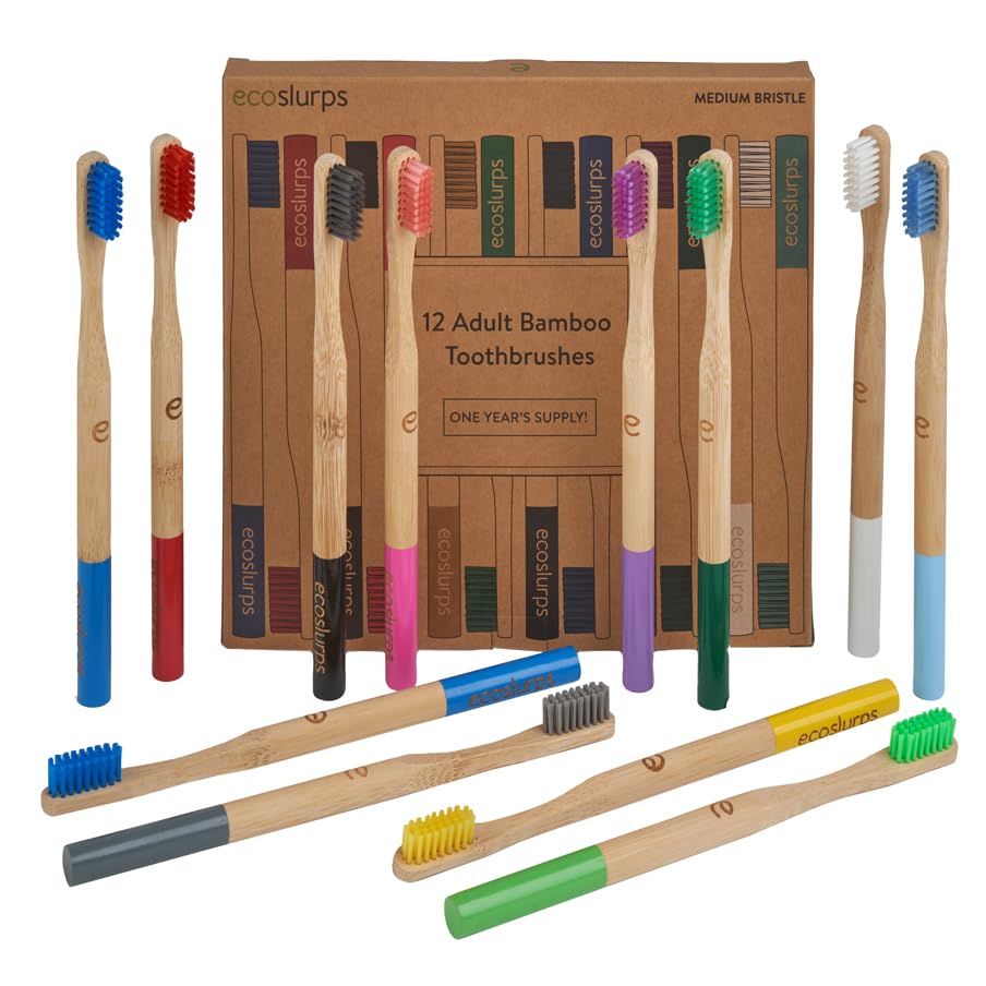EcoSlurps 12 Bamboo Toothbrushes, Britush Brand, One Year Supply with Each Toothbrush Box Labeled On Internal Boxes