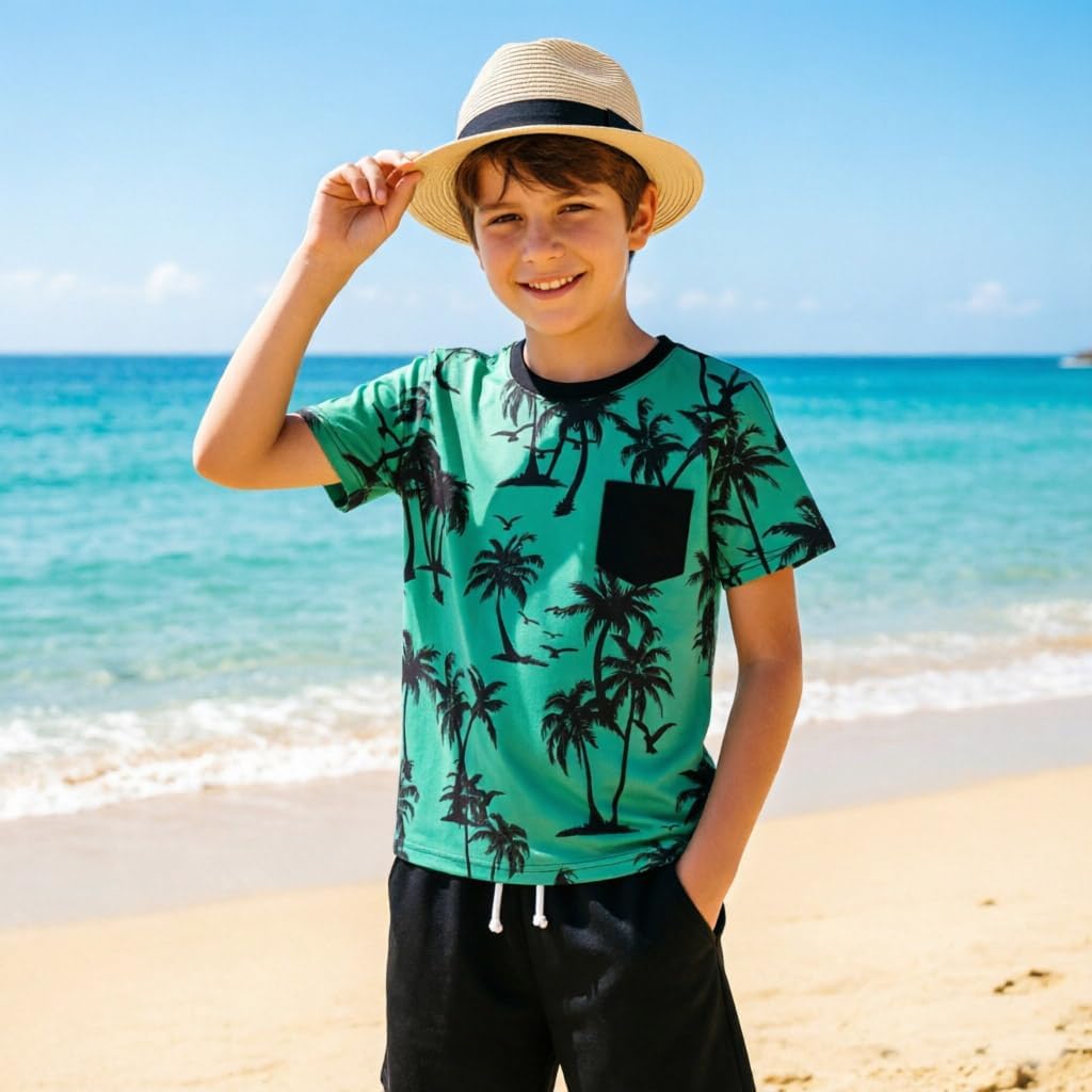 Boys 2 Piece Summer Clothes, Hawaiian Tropical Print Short Sleeve T-Shirt+Shorts Sets