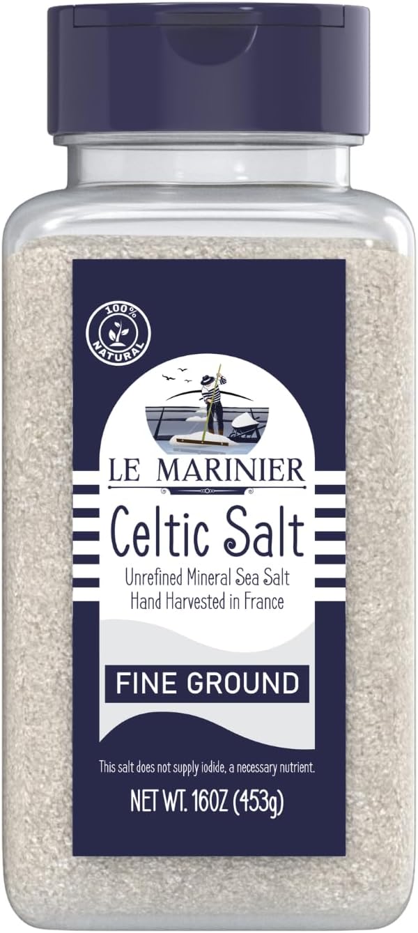 Le Marinier Celtic Salt Organic Fine Ground, 1 lb - 16oz. Mineral Rich 100% Natural and Unrefined. Refillable Salt Shaker. French Sea Salt with Vital Minerals. Hand Harvested (1 lb Fine Ground)