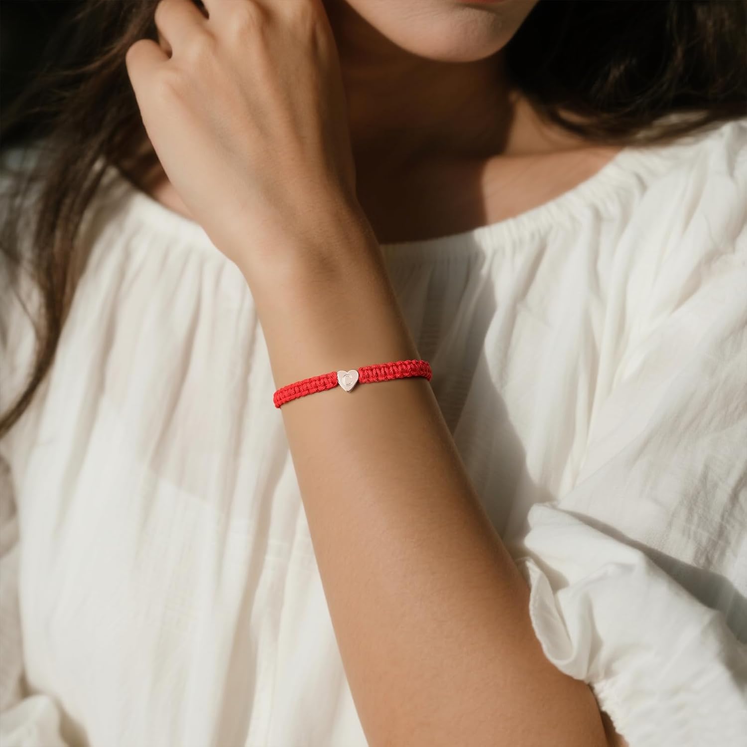Trendy Silver Heart Initial C Red Strand Stack Bracelet for Women, Simple Stackable Letter Bracelets Accessories Prom Fashion Jewelry Gift - Image 2