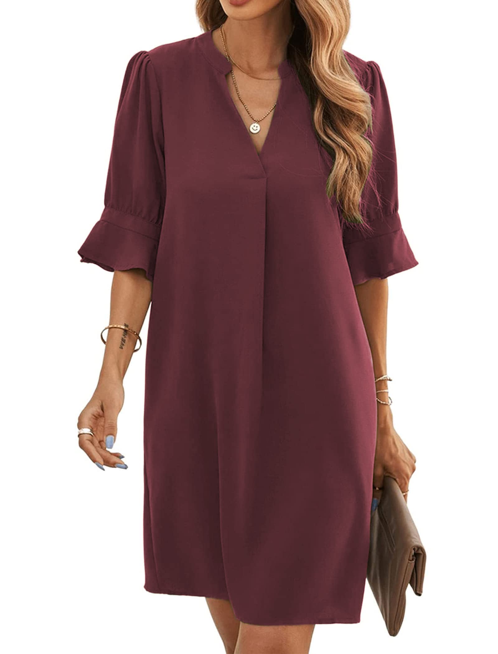 Famulily Frauen V-Ausschnitt Halbarm Hemdkleid Elegant Sommer Casual Einfarbig Kurzes Kleid S-XXL