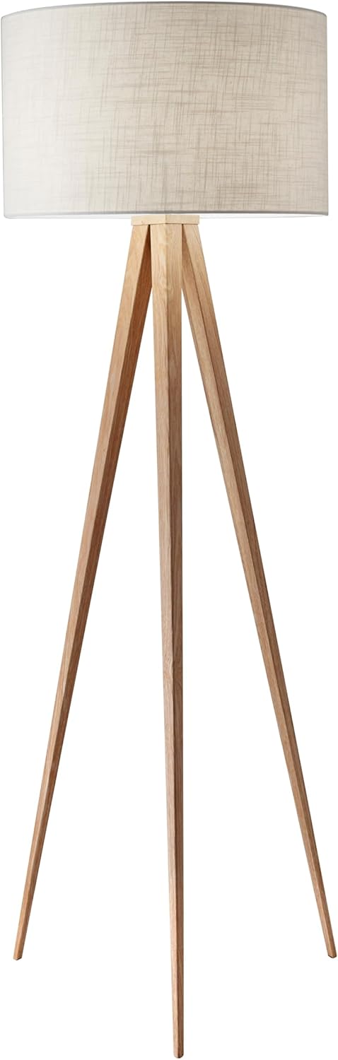 Adesso Floor Lamp with Natural Oak Veneer and Off-White Fabric Lampshade – 3-Way Adjustable Brightness, Lamp for Bedroom, Living Room, and House Décor, 60.25” x 21”