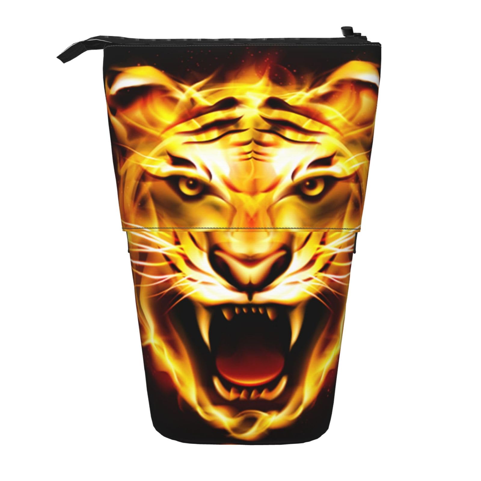 AABSTBFM Hd Tiger Fierce Flames Expandable Vertical Pencil Case - Multi-Purpose Pen Bag and Makeup Pouch for School, Office, and Travel