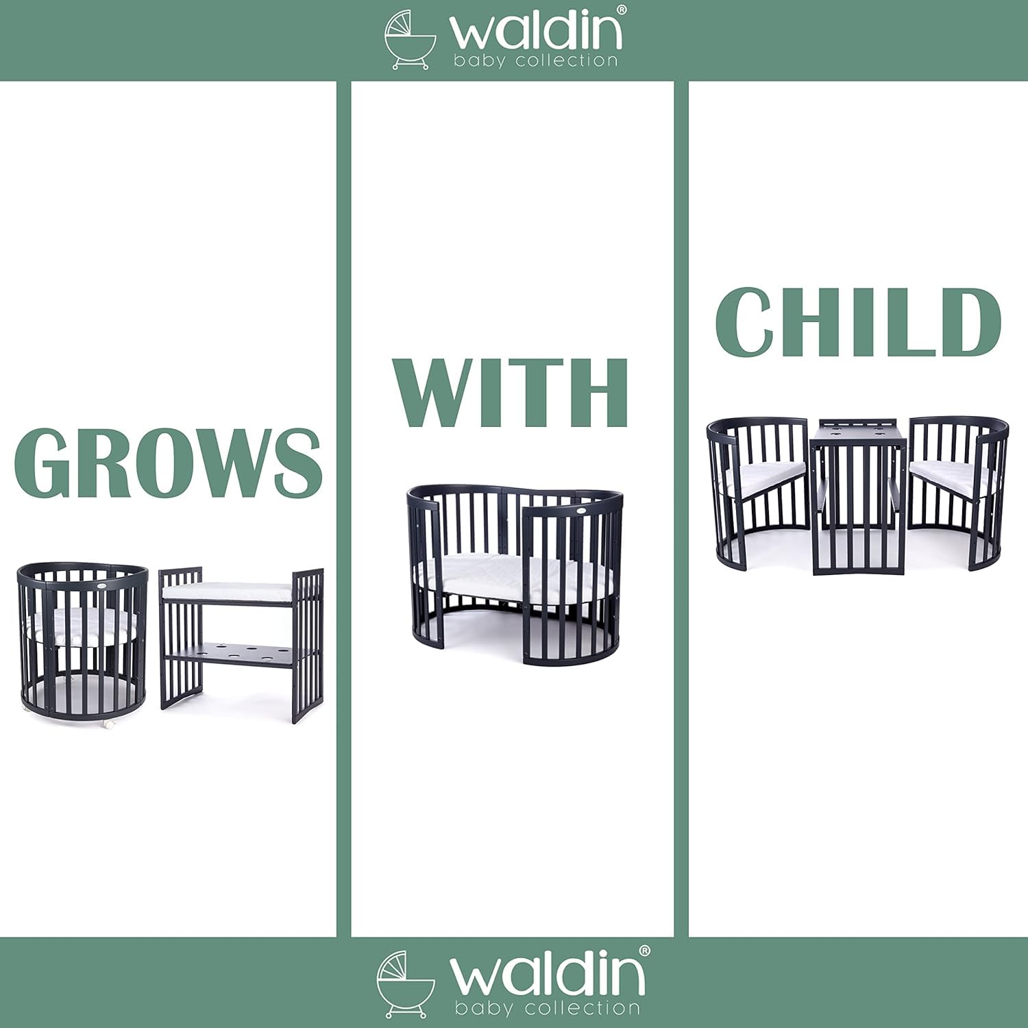 waldin Babybett Oval 7in1, Matratze, Rollen, Regal, Graphit | Ohne Stoffset, Mitwachsend, Beistellbett aus Holz, Wiege optional