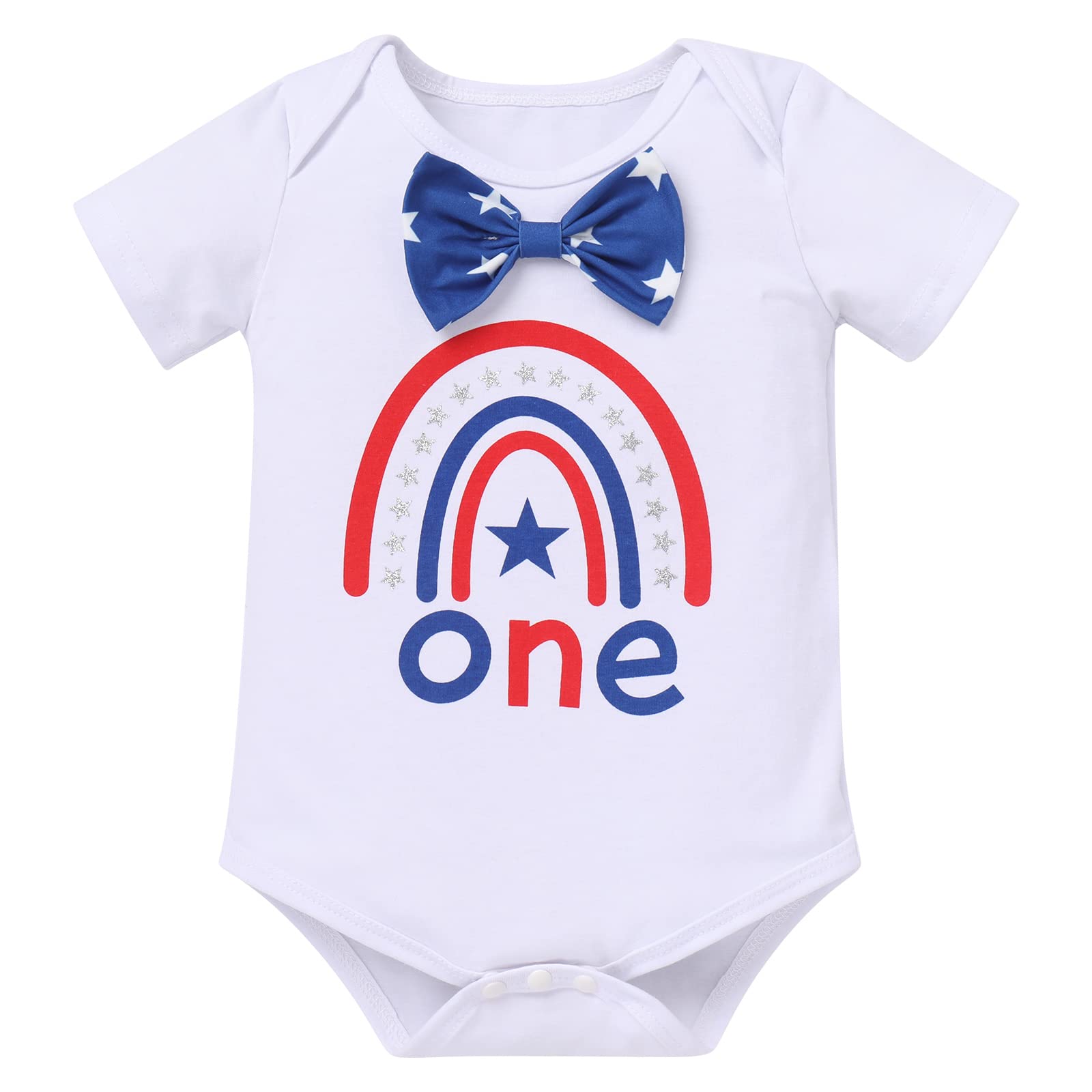 Baby Boys My First 4th of July Outfit Boho Rainbow Romper + Stars Y Back Suspenders + American Flag Stripes Shorts Independence Day ONE Headband Patriotic Clothes Blue Red Stripe Stars 12-18 Months