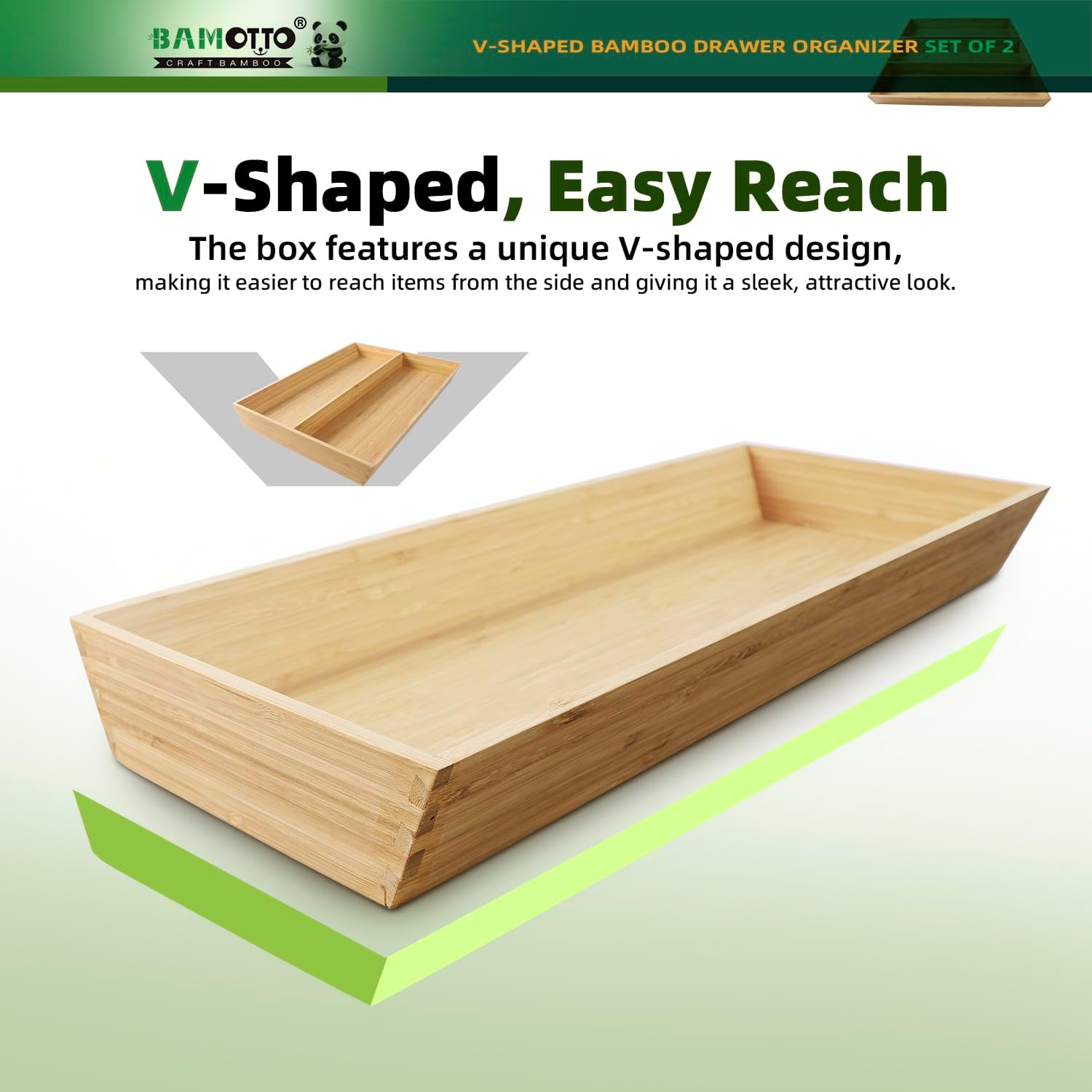 V-Shaped 2-Pack 19.6" Long Bamboo Drawer Organizer Box - Easy Reach Kitchen Utensil Flatware Silverware Cooking Tools Storage for Home Bedroom Bathroom (19.6"x12.4"/19.6"x7.8") - Image 3