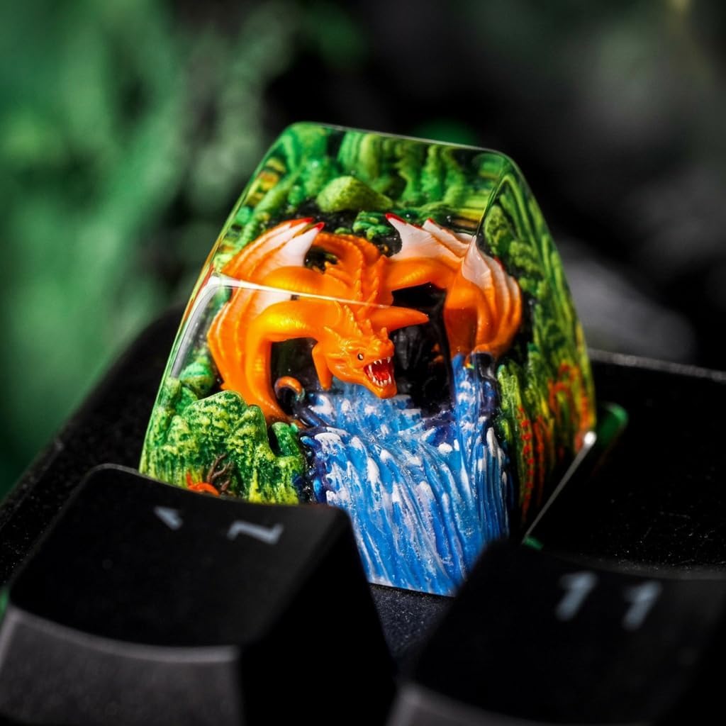 Orange Dragon with Waterfall Artisan Keycap R1 SA Profile Custom Fantasy Dragons Keycaps 1U ESC Handmade Gaming Resin Key cap Cherry MX Switch Compatible Mechanical Keyboard Gift for Dragon Lover