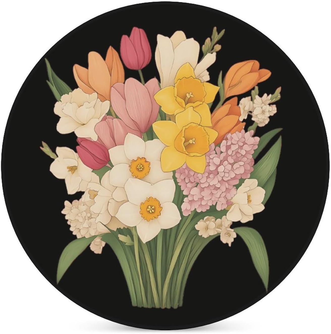 Daffodils Tulips and Hyacinths Flowers Round Ceramic Coasters for Drinks Absorbent Cup Holder Tabletop Protector with Cork Base