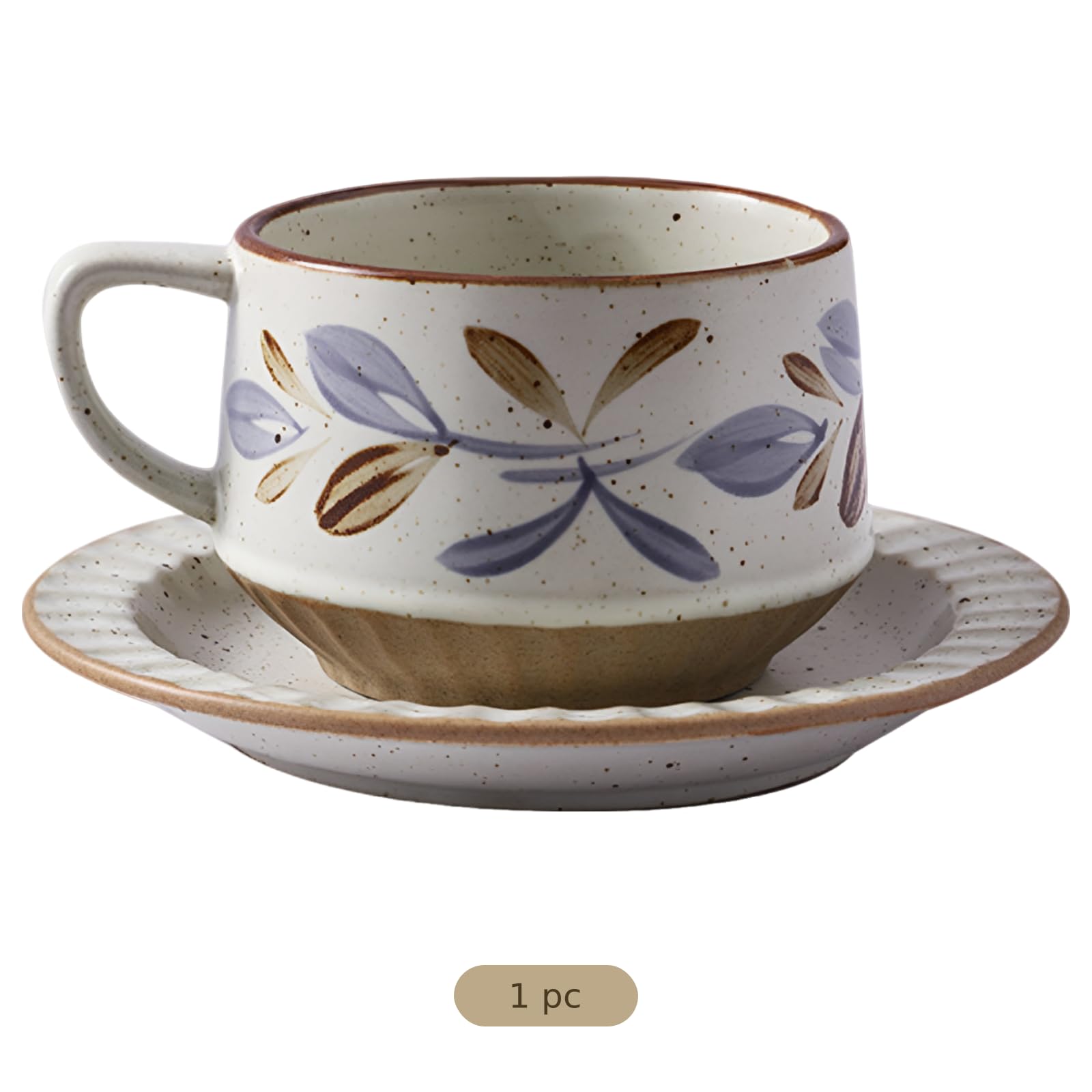 Mug et Soucoupe en poterie Brute, Motif Floral rétro Peint à la Main, céramique 300 ML, émail Effet Four, Grande Anse, Tasse 9 x 6,7 cm, Soucoupe 15 x 2 cm, pour Latte, Maison, Bureau