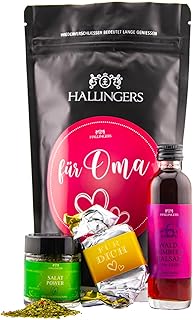 Hallingers Genuss Manufaktur Geschenkkorb Geschenkset Muttertag – Feinkost Mix mit Geschenkset Nougat Waldhimbeerbalsam & Gewürz, in edler Wundertüte, besonderes Gourmet Geschenk für Mama, "Für Oma"
