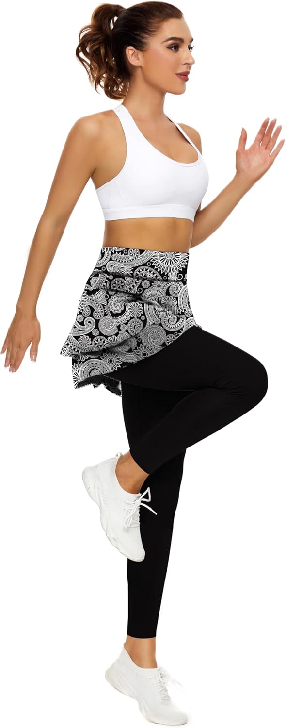 Tennis Skirted Leggings with Pockets for Women Active Skort Athletic Ruffle Pleated Golf Skapri with Skirt - Image 4