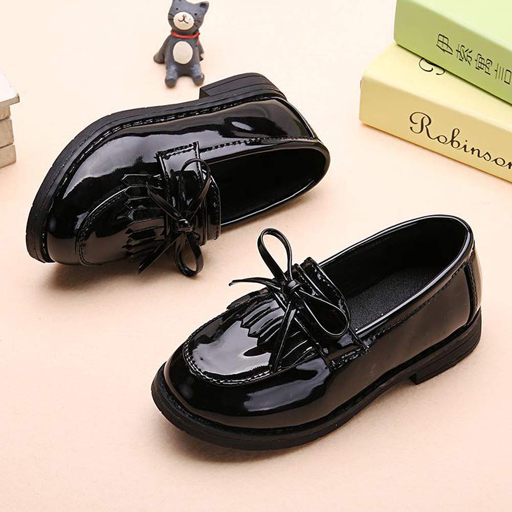 Mocassins Fille Cuir Vernis Bout Ronde Talon Plate Chaussures de Ville Ecole Franges Oxford Noir Bordeaux Argent