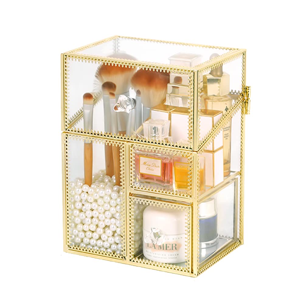YUEHUA Wielofunkcyjny uchwyt na pędzle do makijażu, w stylu vintage, przezroczyste szkło, organizer na pędzle do przechowywania perfum, lakieru do paznokci, szminek, kremu do twarzy, pędzli do