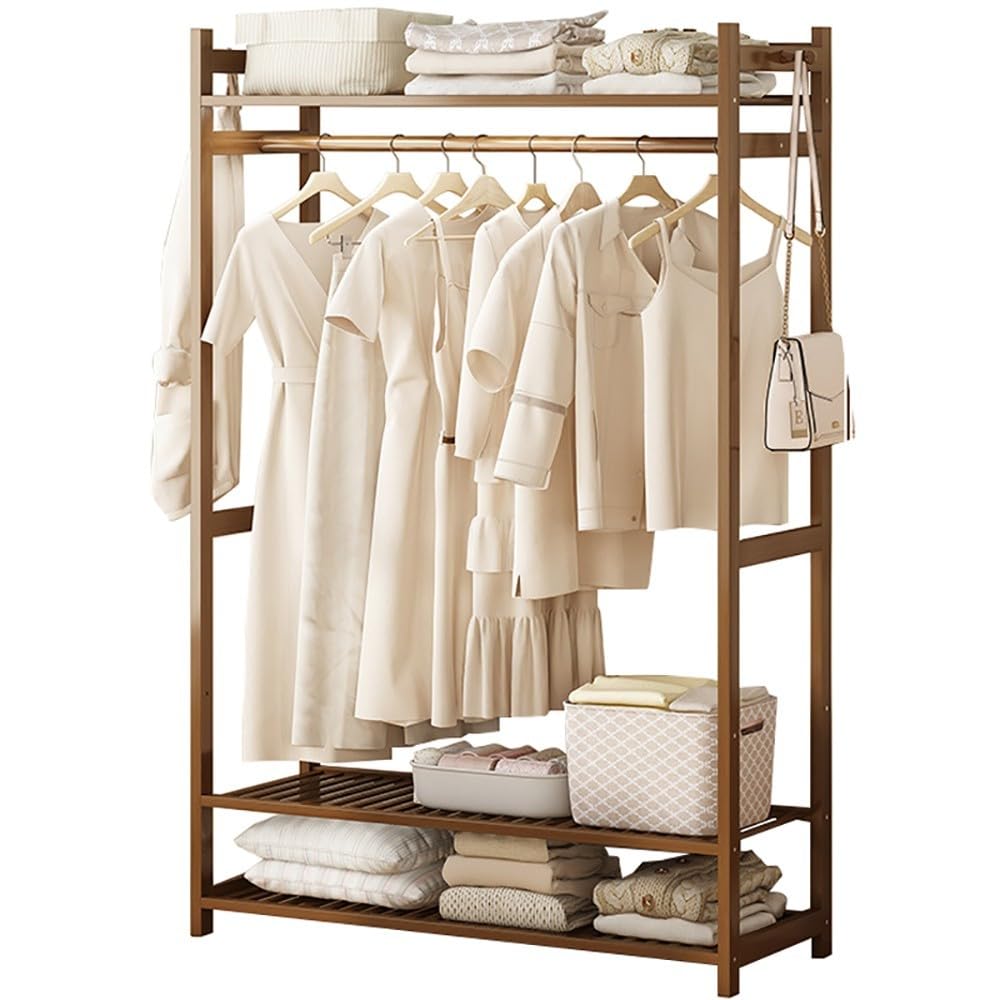 POLGDW Bamboo Clothing Rack with 5 Shelves Independent Hanger for Dresses Shoes & Hats Sturdy Design Max Load 100kg Perfect for Bedroom nization & Storage.
