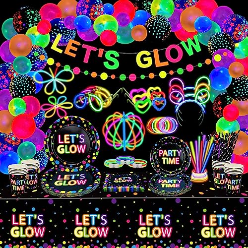 XJLANTTE 398 Pcs Glow in The Dark Party Supplies, Include Glow in The Dark Balloons, Banner, Glow Sticks