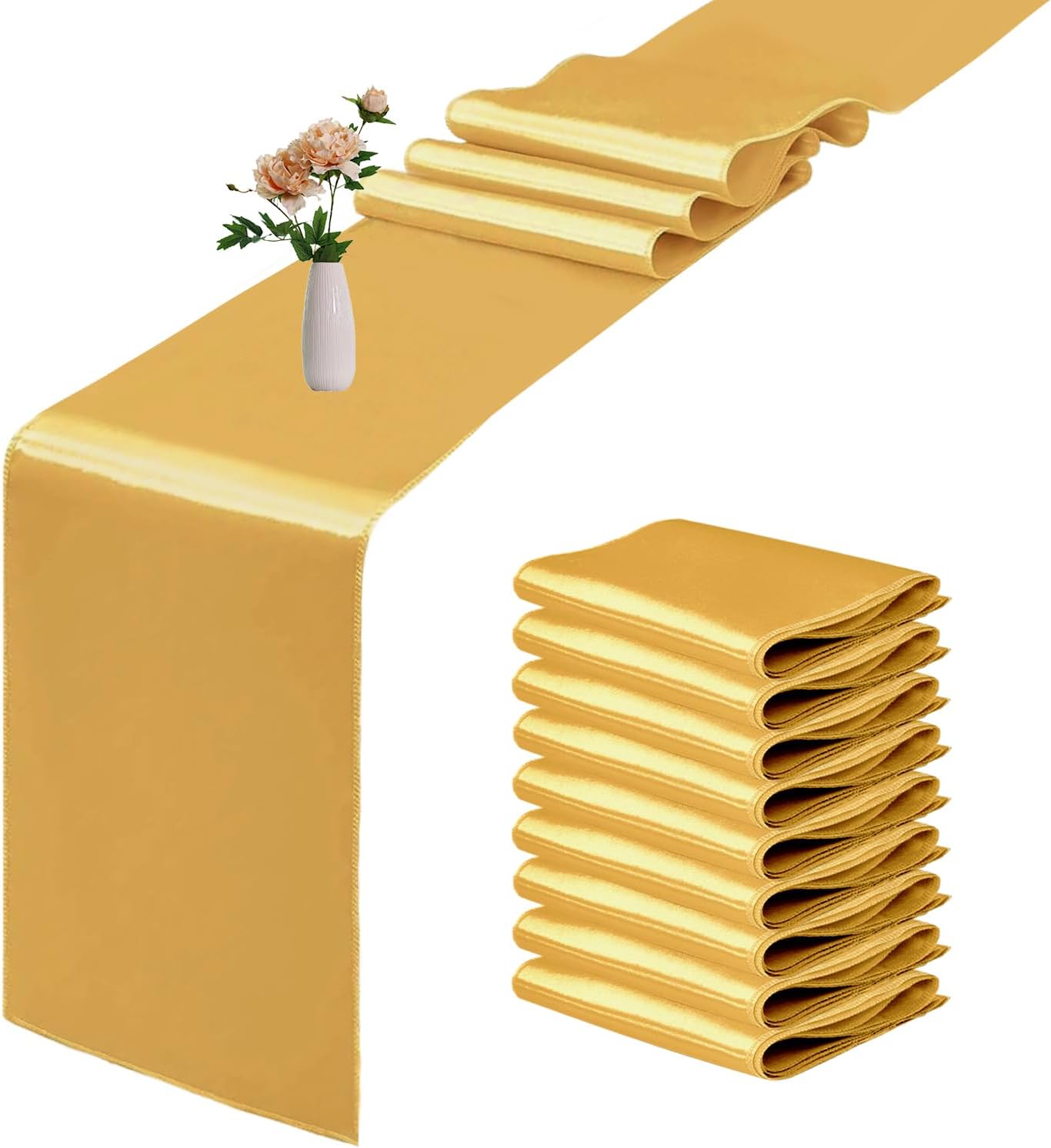 10 Pack Satin Table Runner 12 x 108 Inch Long Gold Smooth Silk Fabric Table Runner for Birthday Parties Wedding Banquets Decorations.