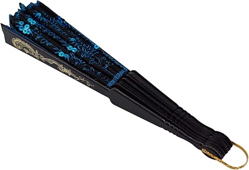 Miniatura 6 de Innolife Elegant Colorful Embroidered Flower Peacock Pattern Sequin Fabric Folding Handheld Hand Fan Hand-Crafted (Sky Blue)