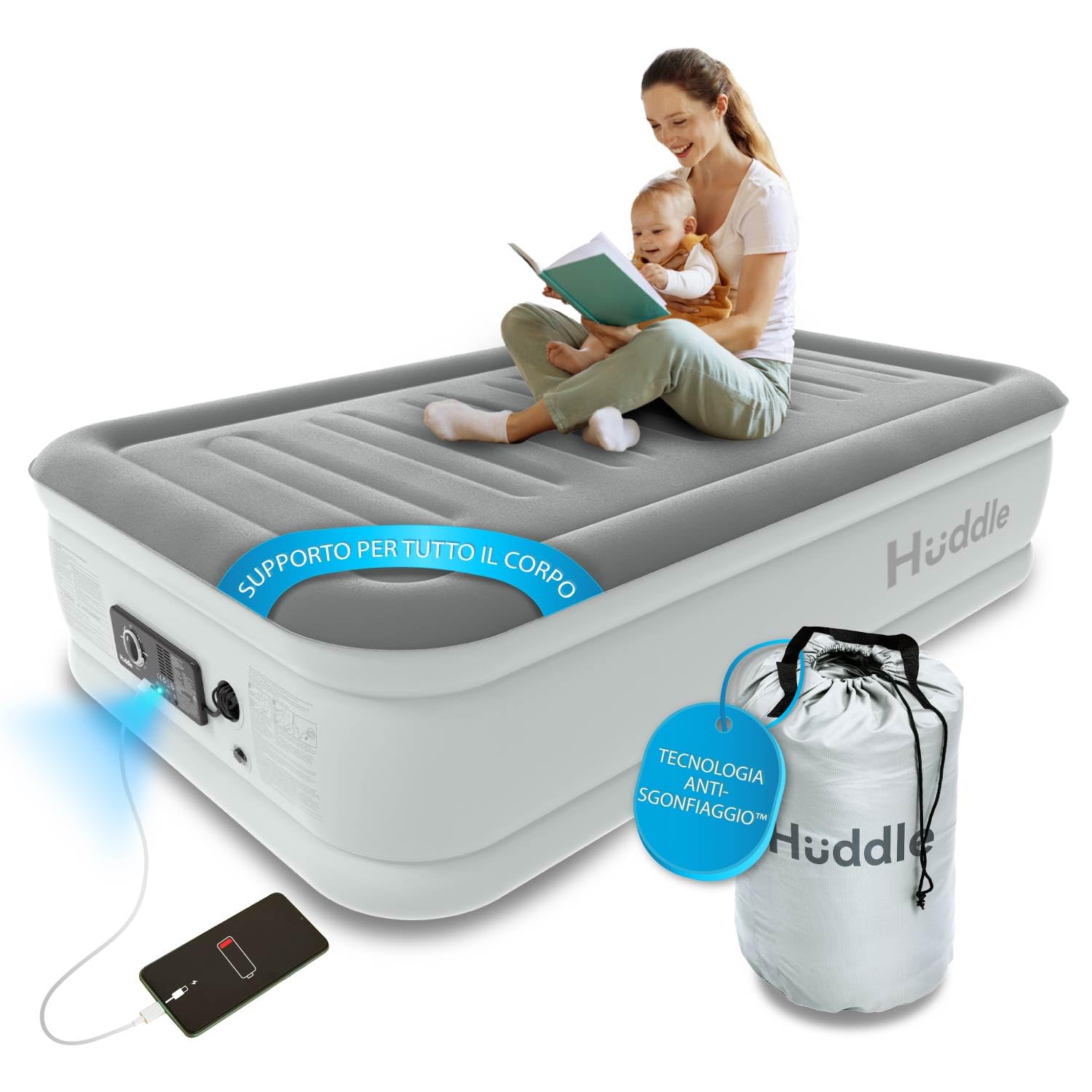 Huddle® Lussuoso letto ad aria singolo tecnologia brevettata SlumberGuard™ a doppia pompa | Materasso gonfiabile con pompa incorporata | Comodo materasso gonfiabile | Singolo, Matrimoniale, King