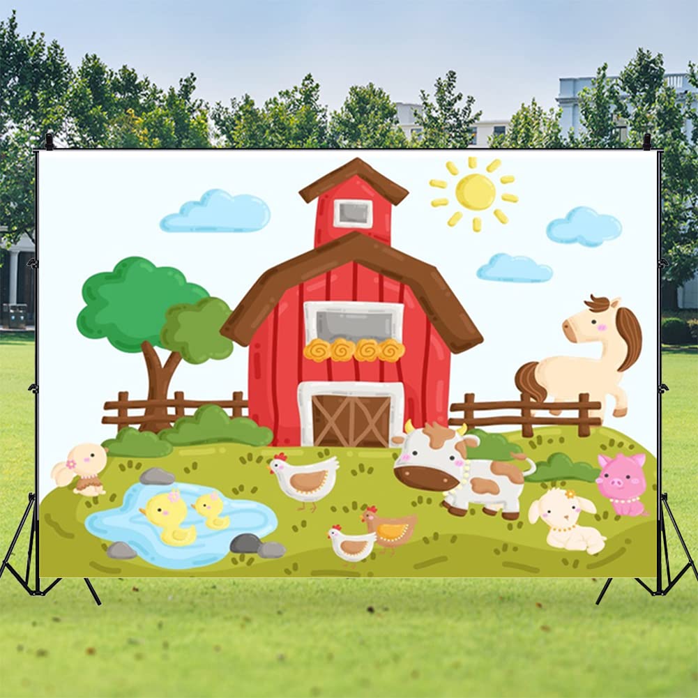 Bauernhof-Geburtstags-Hintergrund 2,1x1,5 M – Blau-rote Scheune Mit Tieren, Perfekt Für Kinderpartys & Fotos